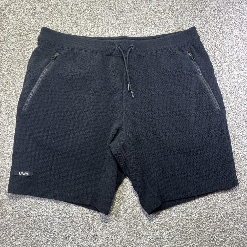 UNRL Shorts Mens 2XL Black Textured Knit 8 Inseam Zip Pockets Athletic Workout